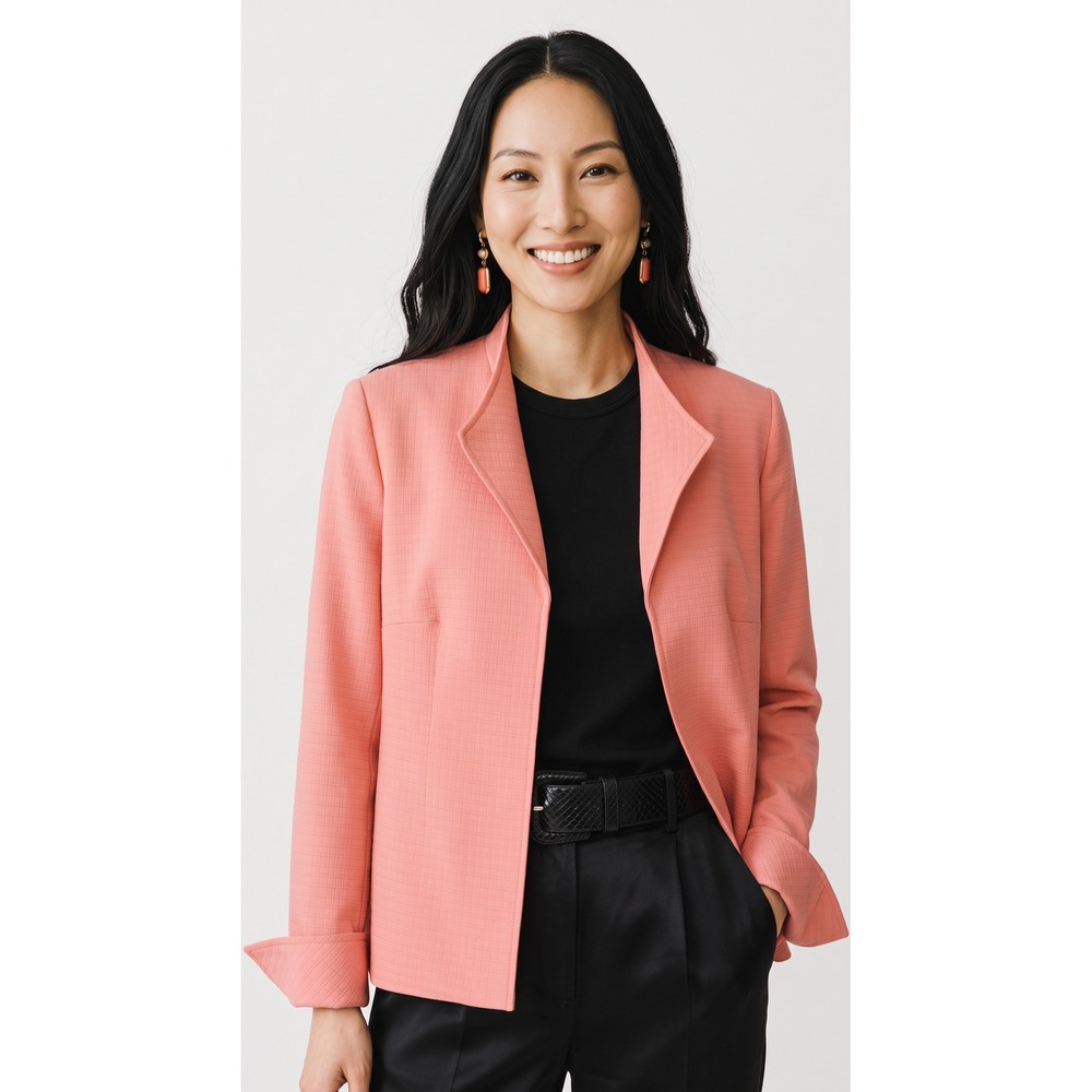 Louben Coral Pink Grid Textured Open Front Blazer Jacket Made in Canada Size 8